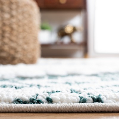 Ivory and Green Diamond Shag Area Rug with Braided Tassels