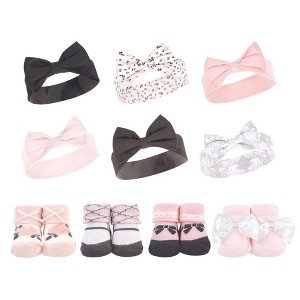 Hudson Baby Infant Girl 10Pc Headband and Socks Set, Berry Floral Damask, 0-9 Months - 1 of 3