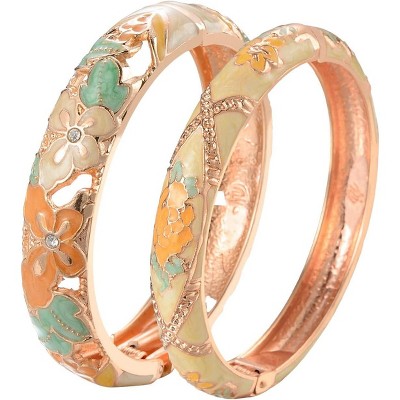 Vintage Cloisonne Enamel Rhinestone Rose Hinged Cuff Bracelet Bangle Set for Women