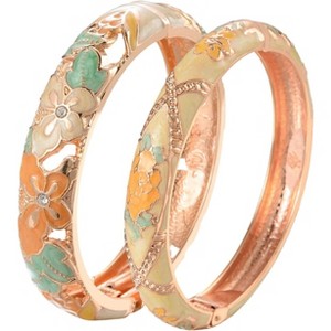 Vintage Cloisonne Enamel Rhinestone Rose Hinged Cuff Bracelet Bangle Set for Women - 1 of 4