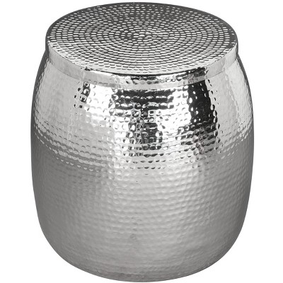 Silver Hammered Metal Drum Accent Table