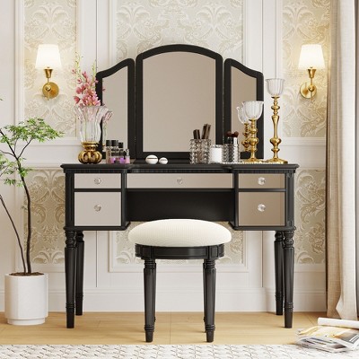 YOOCOZZ French-Style Vanity Set with Upholstered Stool, Folding Triple Mirror and 5 Mirrored Drawers - Black