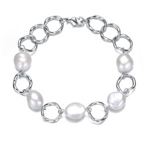 Guili White and Gold Sterling Silver Bracelet Adorned with Genuine Freshwater Pearls and Cubic Zirconia Accents for an Elegant and Feminine Touch. - 1 of 3