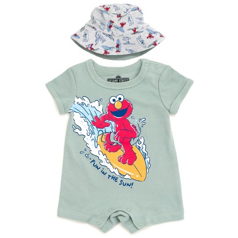 Sesame Street Elmo Surfboard Infant Baby Boys Romper And Bucket Sun Hat ...