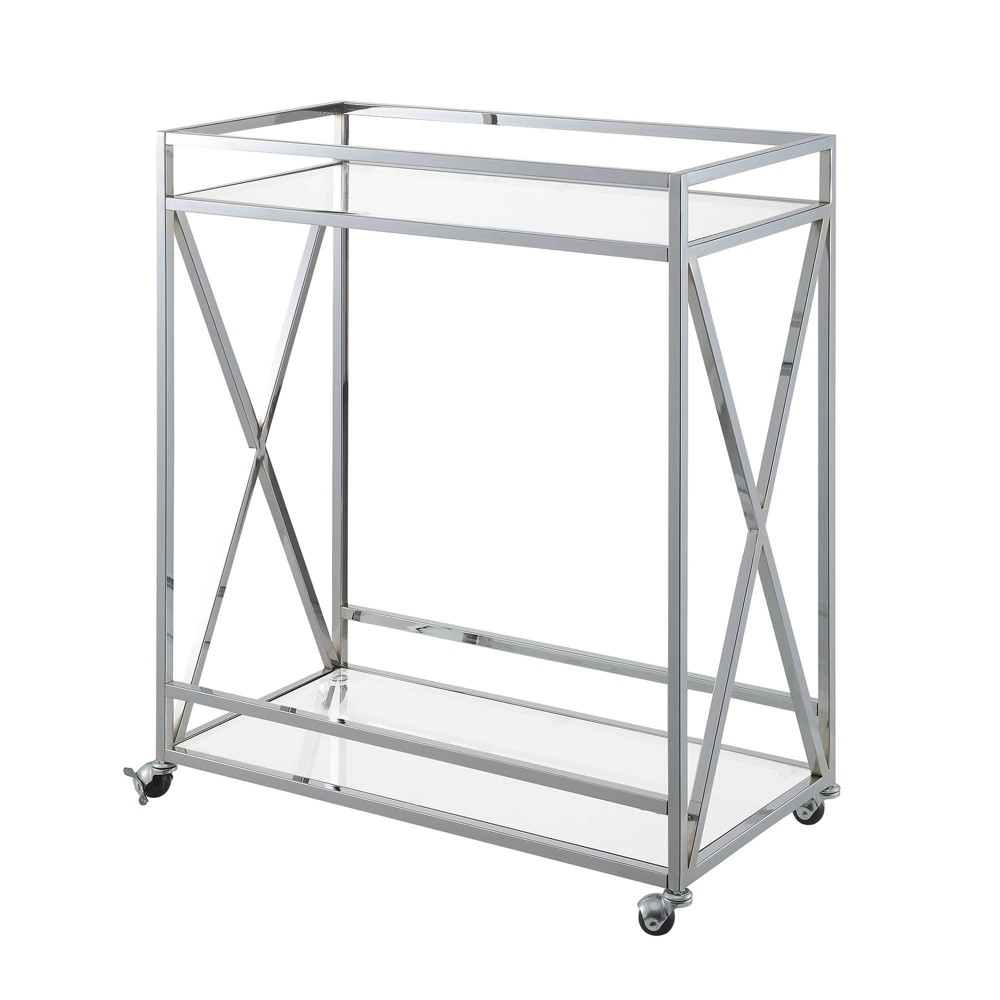 Breighton Home Oxford Chrome Glass Bar Cart with Shelf Glass/Chrome: Contemporary Style, Wheeled, Metal Frame