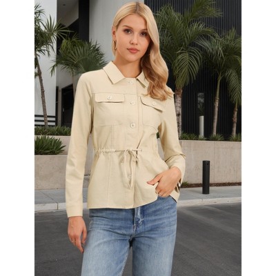 Женские куртки INSPIRE CHIC Women's Button Down Drawstring Waist Lapel Lightweight Spring Linen Utility Jacket Small Khaki — фото 4