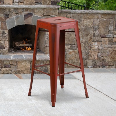 Emma and Oliver Commercial Grade 4 Pack 30" High Backless Distressed Metal Indoor-Outdoor Barstool