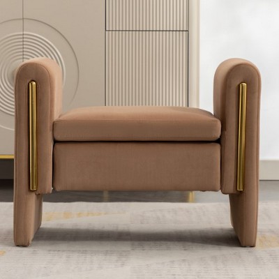 Velvet Fabric Single Bench Shoe Bench Makeup Bench For Bedroom Indoor, Coffee: Brown Upholstered Footstool, Wood Frame