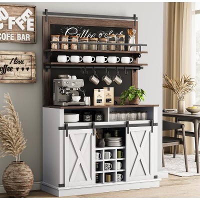 Nasitip 75" Tall Coffee Bar Cabinet with Storage, Kitchen Buffet Sideboard with Sliding Barn Door, Coffee Hutch Cabinet for Dining Room