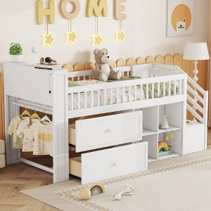 Whisen Twin Size Loft Bed with LED, Bookshelf, Stairs, Storage Drawers and Shelves, Solid Wood Sturdy Frame - 1 of 4
