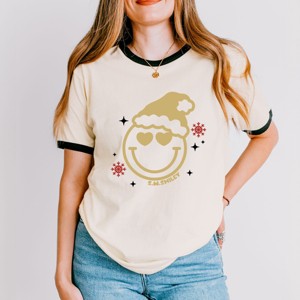 S.W.Smiley Christmas Heart Eyes - Women's Ringer Graphic T-Shirt - 1 of 3