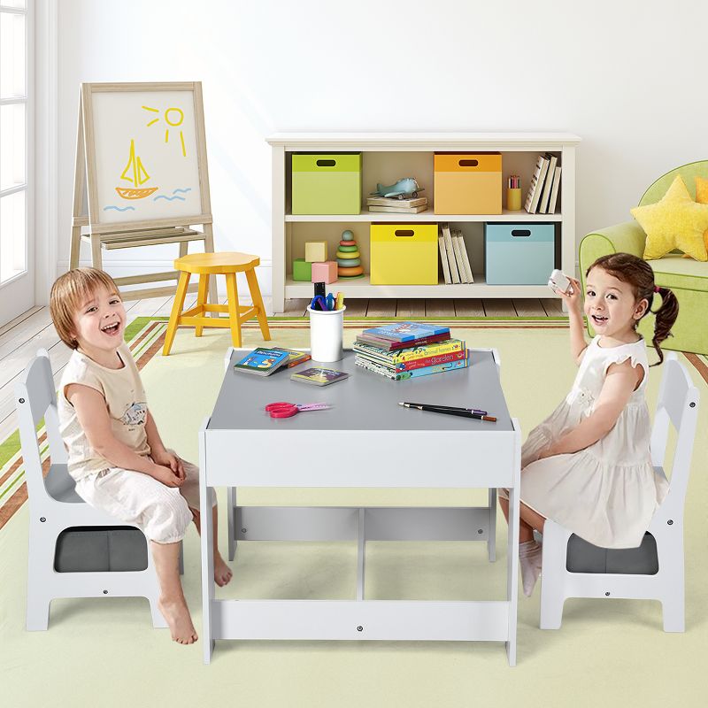 Costway Kids Table Chairs Set With Storage Boxes Blackboard Whiteboard Drawing GreyNature, 4 of 11