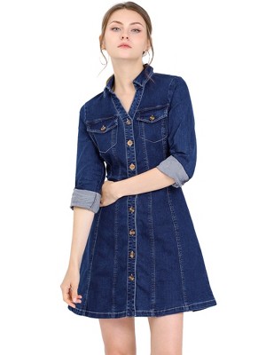Allegra K Women's Button Down Collar V Neck Long Sleeve A-line Denim Dress