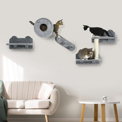 Gray and Cream Sisal Wall-Mounted Cat Climbing Shelves with Condo
