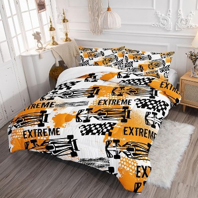 Racing Car Comforter Set Full Size – 3Pcs Extreme Sports Bedding with Cool Race Cars & Road Design, Quilt Set for Boys Teens with 2 Pillowcases