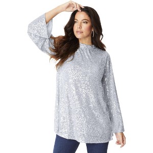 Roaman's Women's Plus Size Sequin Mock Neck Blouse - 1 of 4