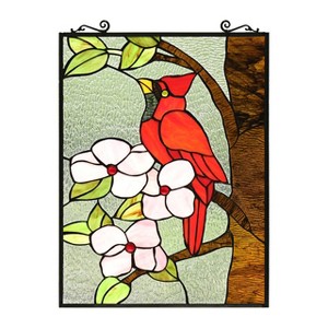 Chloe Lighting Hibiscus Cardinal Tiffany-Style Animal Stained Glass Window Panel 25`` Height - 1 of 4