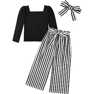 Arshiner Girls Clothing Sets Square Neck Rib Knit Shirts + Stylish Wide Leg Pants + Headband Cute 3pcs Fall Clothes Outfits - 1 of 4