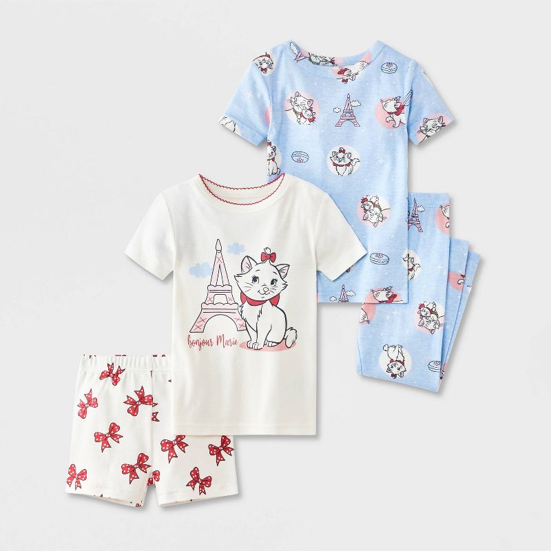 Baby Girls' 4pc Disney Aristocats Marie Cotton Snug Fit Pajama Set - White/Blue/Pink 12M