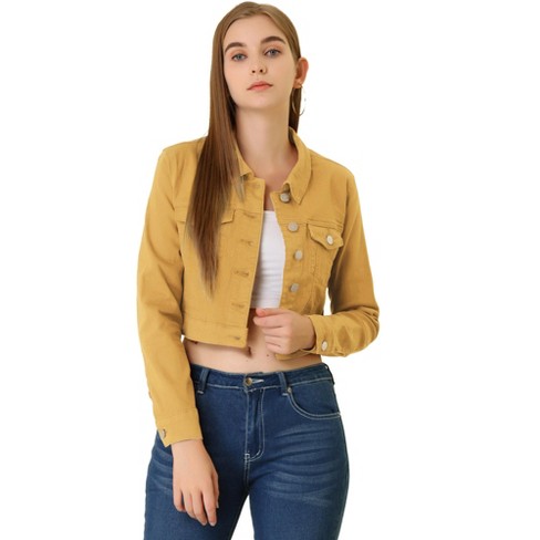 Unique Bargains Women's Button Down Collarless Long Sleeve Cropped Denim  Jacket 