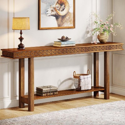 Gulches Rustic Solid Wood Console Table, 2-Tier Storage, Extra Long, Rustic Brown, 70.9"