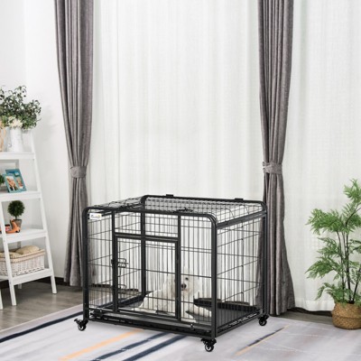 Akoasm 37 Inch Foldable Heavy Duty Metal Dog Crate & Kennel With Removable Tray, Cover And Lockable Wheels Indoor & Outdoor