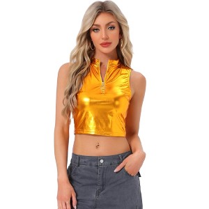 Allegra K Women's Metallic Mock Neck Zip-Up Shiny Holographic Crop Tank Top - 1 of 4