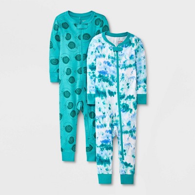 Baby Boys' 2pk Snail & Tie-Dye Tight Fit Pajama Romper - Cat & Jack™ Green 12M