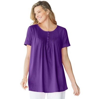 Woman Within Plus Size Short-Sleeve Pintucked Henley Tunic