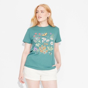 Women's Colorful Floral Short Sleeve Graphic T-Shirt - Green - 1 of 3