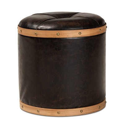 Farrow Rustic Faux Leather Upholstered and Wood Ottoman Dark Brown/Oak Brown - Baxton Studio