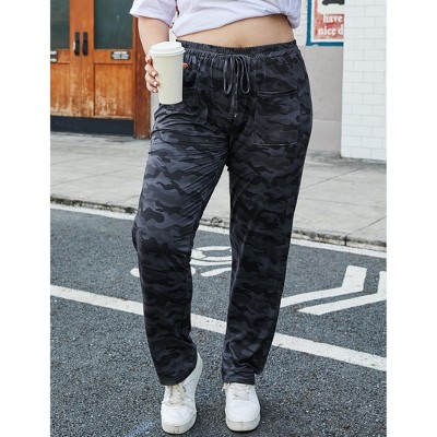 Women's Plus Size Casual Pants with Pockets High Waist Stretchy Elastic Camouflage Pants Comfortable Relaxed Fit for Everyday Wear