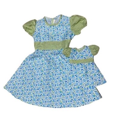 Size 8 Matching Girl And Doll Green And Blue Flower Dresses