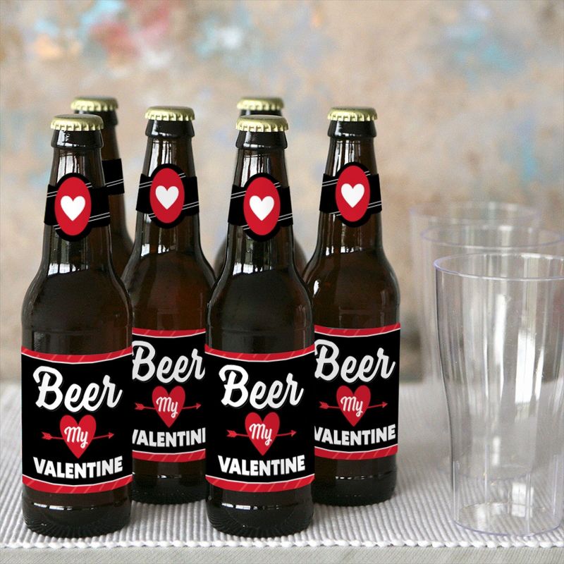 Big Dot of Happiness Happy Valentine's Day - Valentine Hearts Party Decorations for Women and Men - 6 Beer Bottle Label Stickers and 1 Carrier, 5 of 6