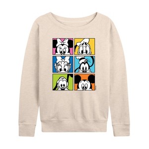 Women's - Disney - Mickey Minnie Goofy Pluto Donald and Daisy Lightweight French Terry Wide Neck Long Sleeve Shirt - 1 of 4