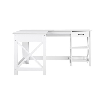 White Wood Corner Writing Desk with Drawer and Filing Cabinet