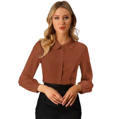Allegra K Women's Work Peter Pan Collar Long Bishop Sleeve Button Down Shirt