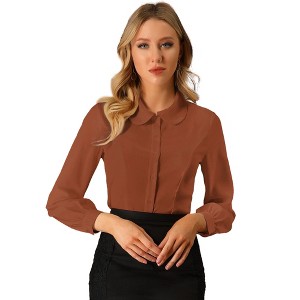 Allegra K Women's Work Peter Pan Collar Long Bishop Sleeve Button Down Shirt - 1 of 4