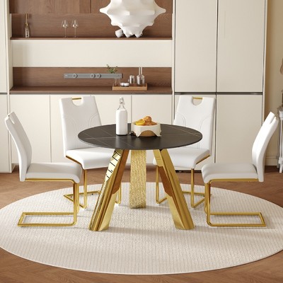 4-Piece Dining Set with Sintered Stone Tabletop and Dining Chairs with Golden Metal Leg