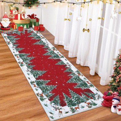 TackView Red Snowman Deer Tree Christmas Area Rug, Winter Home Decor Low-Profile Washable Rug