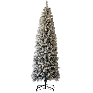 6.5FT Pencil Christmas Tree, Prelit Flocked Skinny Xmas Tree with 586 Branch Tips, 250 Lights, 8 Lighting Modes, Metal Stand, for Christmas Decor - 1 of 4