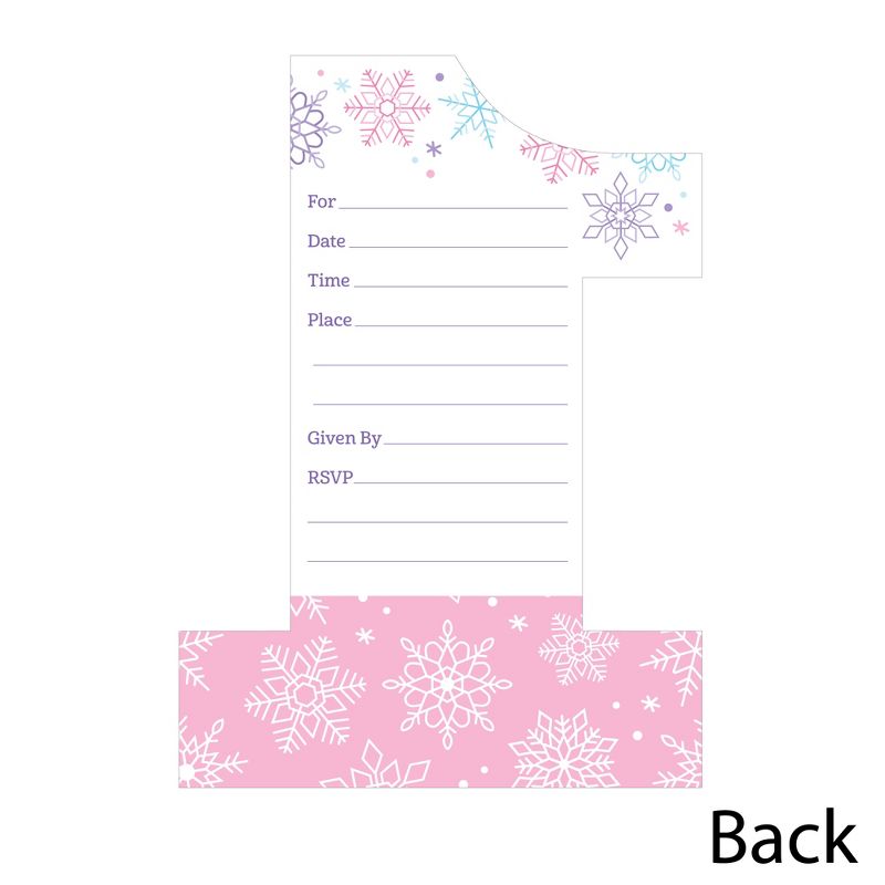 Big Dot of Happiness Pink Snowflakes 1st Birthday Shaped Fill-In Invitations - Girl Winter ONEderland Party Invitation Cards with Envelopes Set of 12, 5 of 8