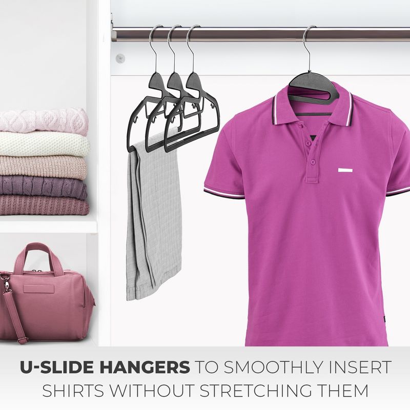 OSTO 20-Pack U-Slide Plastic Shirt Hangers; Easy Slip-In, Anti-Stretch, Tie Bar, Pant Bar, Strap-Hooks, and 360-Degree Swivel Hook, 2 of 5