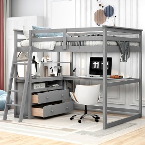 Full Size Loft Bed with Two Built-in Drawers, Desk and Shelves - 1 of 4