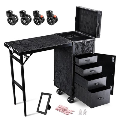 Byootique Rolling Makeup Case Nail Table with 4 pcs Replacement Wheels Black