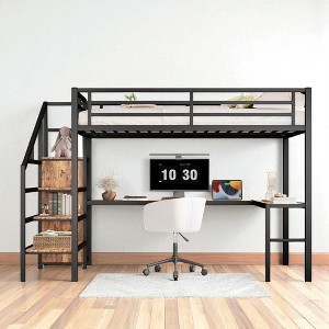 Queen Loft Bed with Wardrobe, L-Shaped Desk, U S B P ort, L E D L ights, and Reversible Storage Staircase,kids bed - 1 of 4