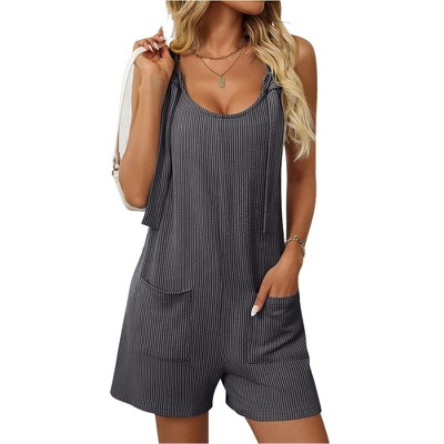 Women's Summer Casual Sleeveless Rompers Scoop Neck Striped Bib Shorts Jumpsuit Beach Overalls Vacation Outfit Clothes