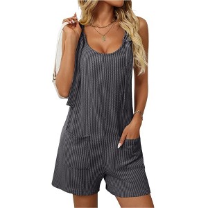 Women's Summer Casual Sleeveless Rompers Scoop Neck Striped Bib Shorts Jumpsuit Beach Overalls Vacation Outfit Clothes - 1 of 4