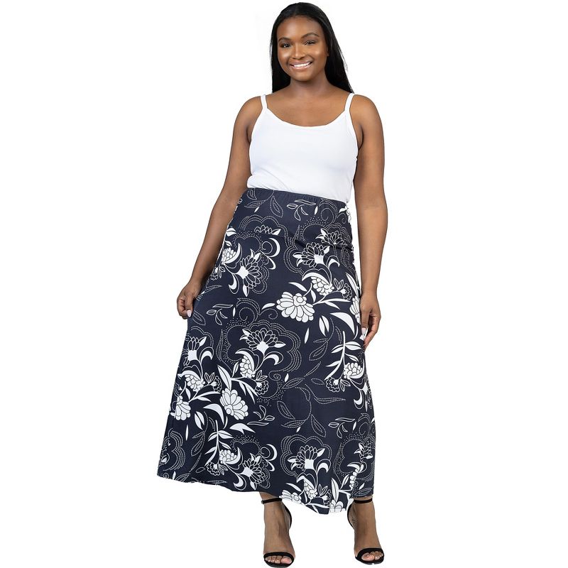 24seven Comfort Apparel Black and White Floral Plus Size Elastic Waist Ankle Length Comfortable Maxi Skirt, 4 of 7
