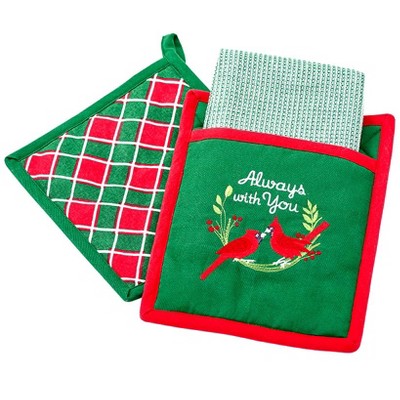 The Lakeside Collection Christmas Cardinals Kitchen Towels and Accessories - Potholder and Towels Gift Set